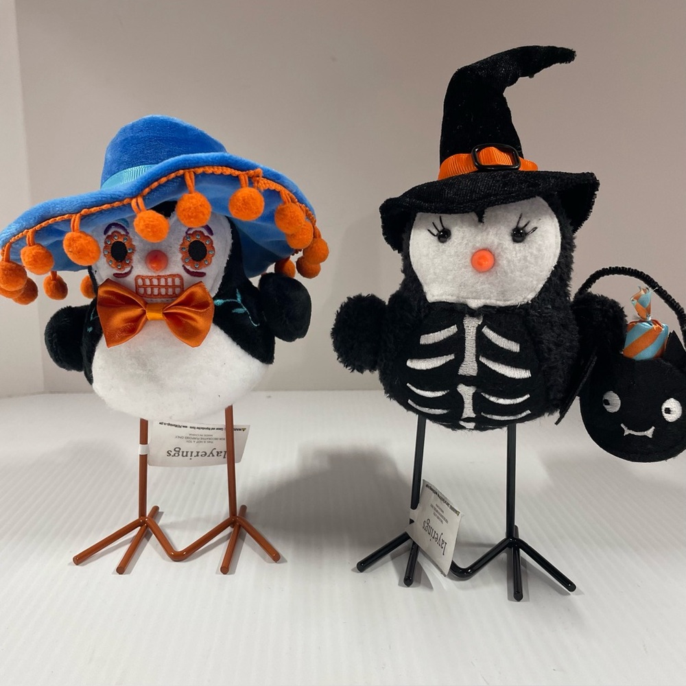 Day of the Dead Black Orange Blue Stuffed Felt Birds Metal Legs 9” & 7.5”